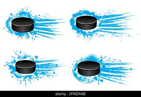 Palets de hockey sur glace à motif vectoriel avec équipement de joueur de sport d'hiver. Rondelles de caoutchouc noir sur fond bleu de glace gringe avec éclaboussures de peinture, Illustration de Vecteur