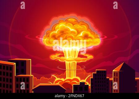 Explosion d'une bombe atomique sur fond de vecteur de ville. Accident de centrale nucléaire, arme de destruction massive en conflit de guerre. Explosion nucléaire blas Illustration de Vecteur