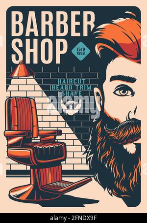 Affiche rétro barbershop avec barbe et moustaches d'homme, vecteur. Affiche ou affiche vintage du salon de coiffure avec chaise de coiffure pour le rasage de la barbe, moustaches trimmi Illustration de Vecteur