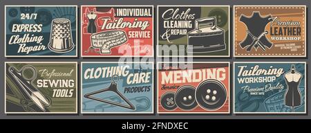 Services de personnalisation et outils de couture affiches vectorielles rétro. Ripper, tambour, boutons mannequin avec cintre et fer d'époque. Vêtements faits main mode des Illustration de Vecteur