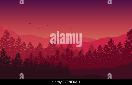 Vue fantastique sur les montagnes avec une forêt la nuit depuis l'extérieur de la ville. Illustration vectorielle d'une ville Illustration de Vecteur