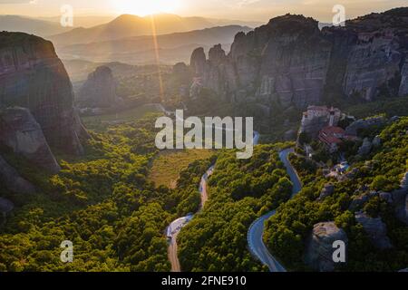Aérien, monastère de Rousanou, monastère de Meteora, Thessalie, Grèce Banque D'Images