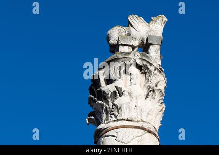 Haut d'une colonne romaine et sa capitale dans le style corinthien, partie du pilier de la honte, site archéologique à Zadar, Croatie Banque D'Images