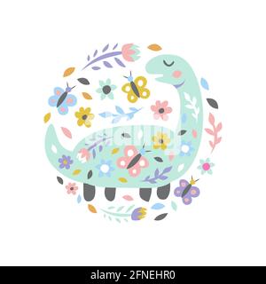 Dinosaure avec fleurs et papillons sur blanc. Joli imprimé puéril pour carte et affiche. Illustration vectorielle Illustration de Vecteur
