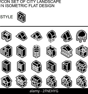 Icône de paysage urbain définie dans une conception plate isométrique avec des lignes blanches, des fonds noirs, un contour noir. Illustration de Vecteur