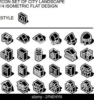 Icône de paysage urbain en forme de plan isométrique avec lignes blanches, fonds noirs, contour noir, forme d'ombre. Illustration de Vecteur