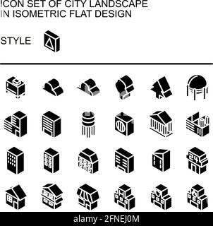 Icône paysage urbain, conception plate isométrique avec lignes blanches, remplissage noir. Illustration de Vecteur