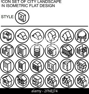 Icône de paysage urbain au design plat isométrique avec lignes noires, remplissage blanc sur un cercle de ligne noire et fond de remplissage blanc. Illustration de Vecteur