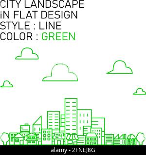 paysage urbain de conception plate avec lignes vertes, remplissage blanc. Illustration de Vecteur