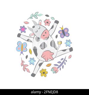 Vache avec fleurs et papillons sur blanc. Joli imprimé puéril pour carte et affiche. Illustration vectorielle Illustration de Vecteur