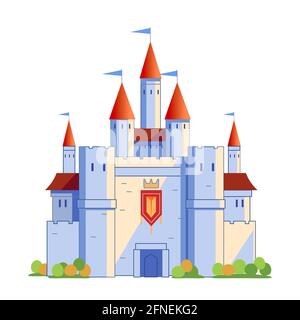 Château médiéval de conte de fées avec tours rouges et drapeaux bleus. Illustration vectorielle de dessin animé isolée sur fond blanc. Illustration de Vecteur
