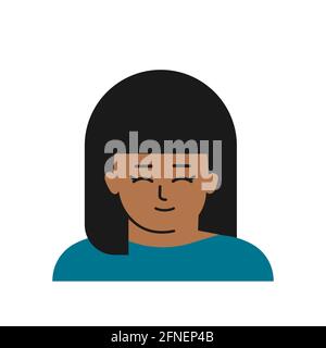 Illustration vectorielle isolée à plat avec portrait de personnage de dessin animé. Avatar de petite fille asiatique. Elle a des cheveux de brunette et de coup, peau légèrement sombre. Illustration de Vecteur