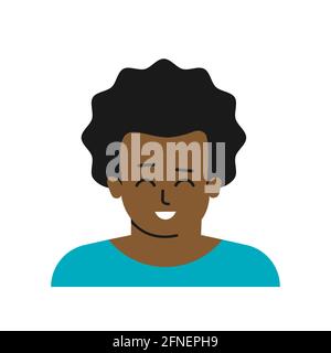 Concept vectoriel isolé à plat avec avatar de personnage de dessin animé. Gros plan d'un garçon afro-américain aux cheveux bouclés, à la peau foncée, aux dents blanches. ETHI Illustration de Vecteur