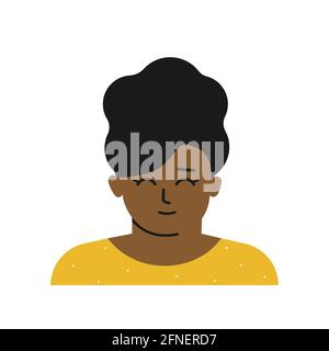 Illustration vectorielle isolée à plat avec portrait de personnage de dessin animé. Avatar de petite fille afro-américaine avec brunette cheveux bouclés, peau foncée. Mignon Illustration de Vecteur