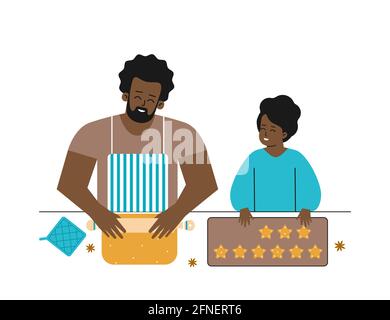 Illustration plane isolée vectorielle. Bonne fille afro-américaine aide le père unique, pose des biscuits sur la plaque de cuisson. Daddy roule la pâte, enseigne à sa fille Illustration de Vecteur