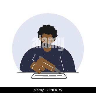 Concept plat à isolation vectorielle. L'homme afro-américain est assis à table, tient le stylo et écrit du texte sur du livre blanc. Design avec personnage de dessin animé signé contr Illustration de Vecteur