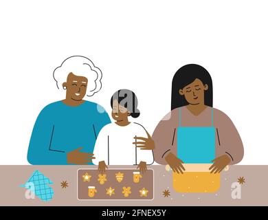 Illustration de Noël à motif vectoriel avec espace de copie. La famille afro-américaine de plusieurs générations prépare un délicieux biscuit au pain d'épice à la maison. Grand-mère et happ Illustration de Vecteur