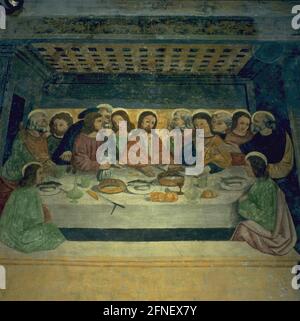 Fresque: La Cène dans l'église de San Domenico à Taggia/Ligurie en Italie. Christ à une table avec les 12 disciples/apôtres (1er quart du XVIe siècle), probablement par Ludovico Brea / Louis Bréa (1415-1523). [traduction automatique] Banque D'Images