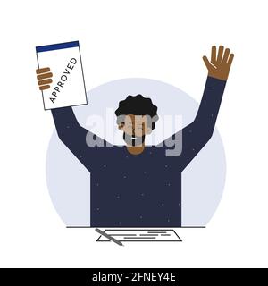 Illustration vectorielle isolée. Style dessin animé plat. Un homme afro-américain heureux s'assoit à la table avec des documents et un stylo. Il détient un contrat accepté à l'afte Illustration de Vecteur