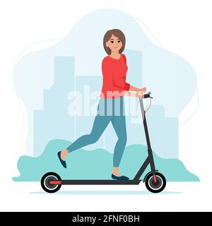 Femme sur scooter électrique. Fille scooter d'équitation. Jolie illustration vectorielle de style plat Illustration de Vecteur