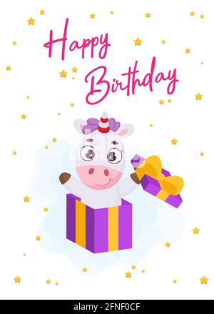 Carte de vœux imprimable Happy Birthday avec une jolie licorne magique sautant dans une boîte cadeau. Modèle de carte d'invitation de fête d'anniversaire. Couleur vive Illustration de Vecteur