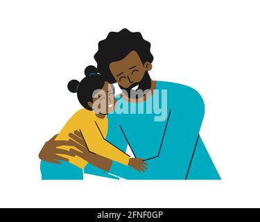 Illustration vectorielle isolée avec portrait de personnages de dessin animé. Le jeune père afro-américain embrasse sa petite fille. Papa et bébé fille sont happ Illustration de Vecteur