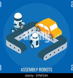 Ligne automatisée de l'usine automobile, robots d'assemblage, illustration isométrique vectorielle. Automatisation dans l'industrie, robotique. Illustration de Vecteur