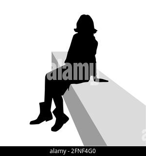 Silhouette de la femme en forme de curly assise sur un banc et reposant sur son bras. Gris noir sur fond blanc. Illustration vectorielle. Illustration de Vecteur