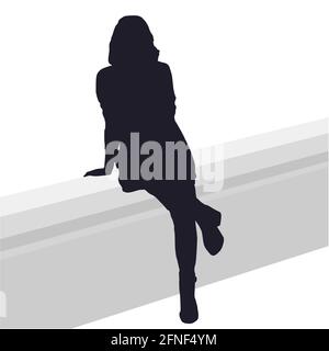 Silhouette de la femme en forme de curly assise sur un banc et reposant sur son bras. Gris noir sur fond blanc. Illustration vectorielle. Illustration de Vecteur