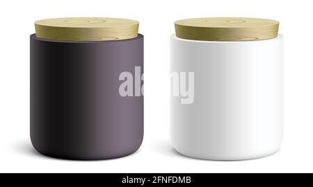 Récipients ronds en céramique de style moderne, recouverts d'un couvercle en bois. Illustration vectorielle de canisters blancs et noirs sur fond blanc. Illustration de Vecteur