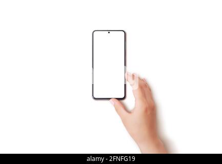 Téléphone intelligent à écran tactile avec écran isolé sur une surface blanche. Concept de présentation des applications mobiles. Vue de dessus, plan d'appartement Banque D'Images