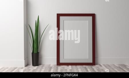 Maquette d'affiche sur un mur blanc avec un cadre marron/rouge. Image CGI, rendu 3D, illustration 3D Banque D'Images