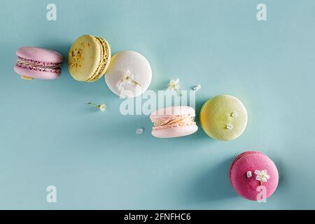 Dessert français macarons et fleur d'arbre de printemps Banque D'Images