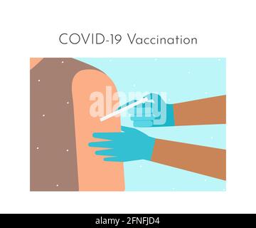 Illustration vectorielle plate. Vaccin COVID-19. La main de l'infirmière en peau foncée tient la seringue. Le médecin donne une injection d'antiviraux avec le vaccin au patient. Fermer Illustration de Vecteur