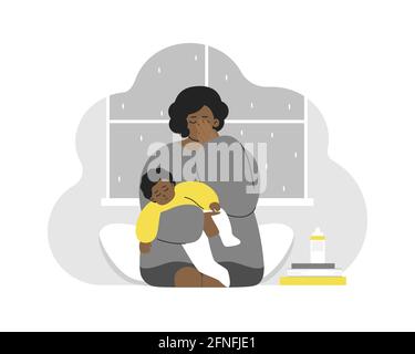 Concept vectoriel plat. Problème de maternité - comment garder le calme et la santé mentale. Une mère afro-américaine fatiguée pleure. Elle tient bébé sur les mains. Sensation maman Illustration de Vecteur