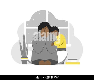 Illustration vectorielle avec femme pleure fatiguée. Une fille afro-américaine embrasse une maman. Dépression post-partum, épuisement émotionnel, stress. La fille se sent pour le papillon Illustration de Vecteur