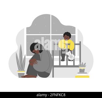 Concept d'isolation à plat vectoriel. Une mère afro-américaine fatiguée est assise, elle se hopte à genoux. Elle a des difficultés à maintenir la santé mentale maternelle. Bébé reste au lit. Illustration de Vecteur