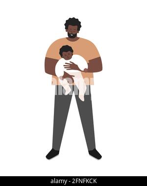 Illustration plane isolée vectorielle. Le père unique afro-américain sourit, tenant dans les bras un petit enfant adopté mignon. Happy Daddy montre aux parents Illustration de Vecteur