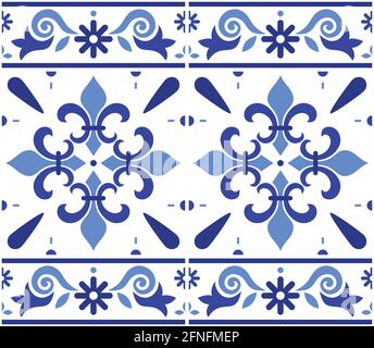 Carreaux portugais Azulejo motif décentif vectoriel sans couture avec motif fleur de lis, design géométrique bleu marine avec cadre ou bordure Illustration de Vecteur