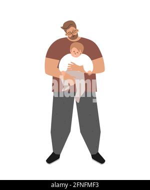 Illustration plane isolée vectorielle. Caucasien simple daddy sourit, tient dans ses bras peu doux adopté bébé. Le père heureux d'accueil montre l'amour de parent Illustration de Vecteur