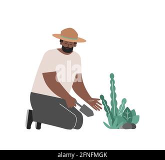 Concept d'isolement vectoriel. L'homme afro-américain plante des fleurs par spatule. Un fermier souriant s'occupe des légumes biologiques verts dans le jardin. Joyeux amour des producteurs Illustration de Vecteur