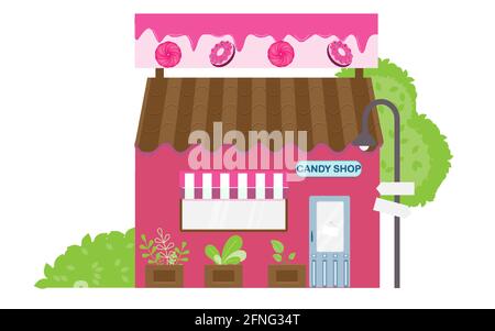 Boutique de bonbons. Grand bâtiment rose. Illustration de Vecteur