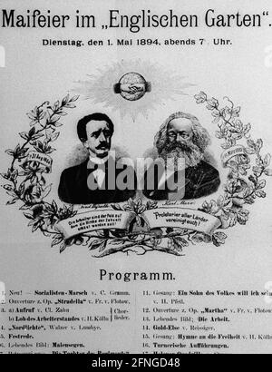 Berlin / syndicats / Histoire / 1894 Affiches et titres de journaux pour le jour de mai Fête du jour de mai, Invitation à la célébration du jour de mai avec photo de Ferdinand Lassalle et Karl Marx // Syndicat / mouvement des travailleurs / démocratie sociale / SPD / Publicité / Art / affiche / photographié Aprill 1989, Archives de l'État de Prusse *** Légende locale *** Syndicat / Histoire / affiche pour la manifestation du jour de mai. -May celebration1894-, photo de Karl Marx et Ferdinand Lassalle // classe active / social-démocratie / Art / [traduction automatique] Banque D'Images