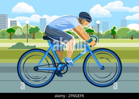 Le boyin d'un casque roule à vélo. Cyclisme. Forme physique et mode de vie sain. Style dessin animé plat. Sur fond de parc dans une grande ville Illustration de Vecteur