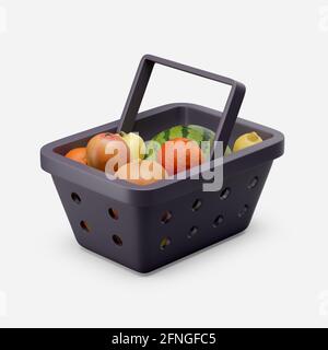 Panier de fruits frais rendu 3d simple illustration sur fond blanc. Concept minimal. Objet isolé avec ombres douces. Illustration de haute qualité Banque D'Images