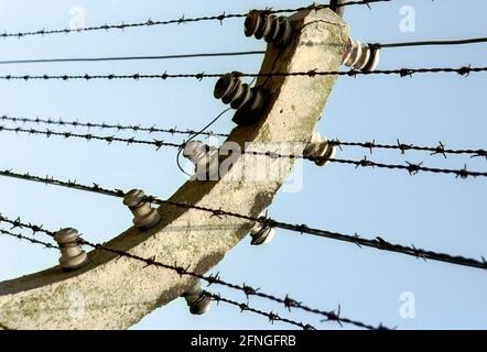 Pologne / Histoire / camps de concentration / 1999 camp de concentration d'Auschwitz, camp principal, clôture barbelée // Juifs / nazis / fascisme // site du patrimoine mondial de l'UNESCO *** Légende locale *** Histoire / fascisme / Pologne / nazisme / Juifs / camp de concentration d'Auschwitz (ancienne partie). Four à combustion dans le crématoire, les touristes forment la Roumanie // site du patrimoine mondial de l'UNESCO / [traduction automatique] Banque D'Images