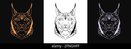 Tête de lynx dorée, noire et argentée, ensemble de faces de lynx à contour isolé. Lynx roux prédateur. Silhouette, logo et mascotte Lynx. Illustration vectorielle Illustration de Vecteur
