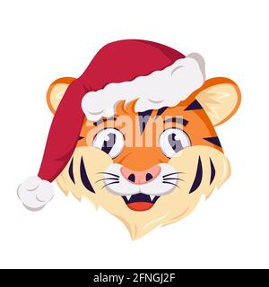 Adorable personnage de tigre gai, simbol du nouvel an dans une casquette rouge de Noël. Animaux sauvages d'afrique avec des émotions heureuses, décoration de fête Illustration de Vecteur