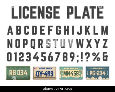 Lettres de l'alphabet sur les plaques d'immatriculation. Jeu d'illustrations vectorielles de panneaux d'immatriculation de véhicules à caractères latins, de plaques d'immatriculation, de chiffres et de lettres. Permis automobile Illustration de Vecteur