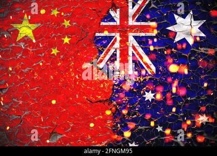 Grunge Australie vs Chine drapeau national modèle d'icône isolé sur fond brisé de mur fissuré, abstrait international relation politique ami Banque D'Images